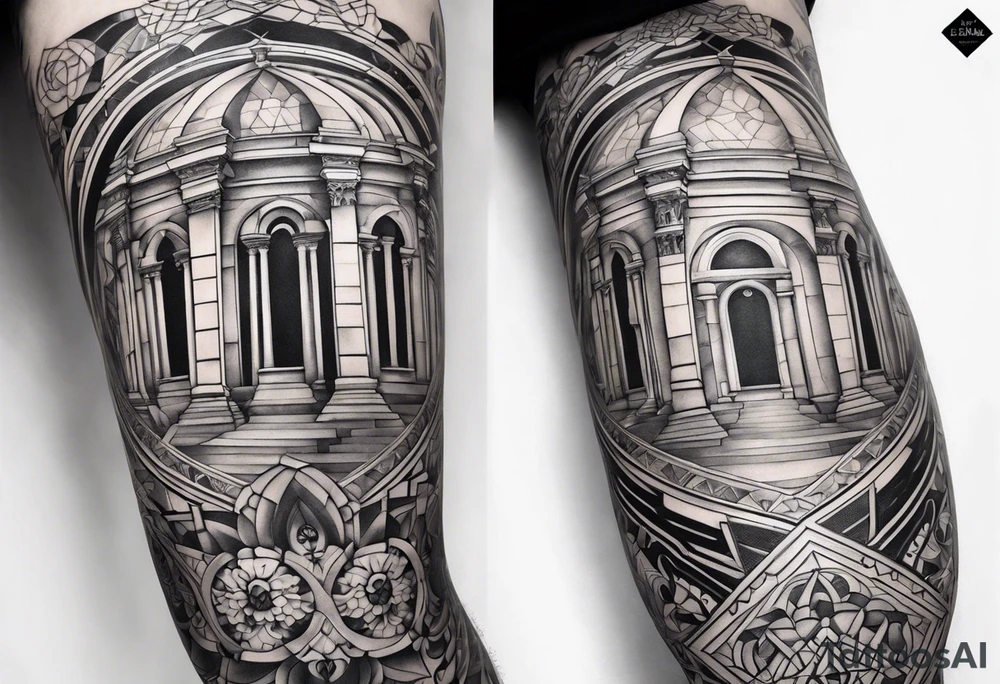 Italian cathedral floor full leg sleeve male geometric tattoo idea