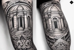 Italian cathedral floor full leg sleeve male geometric tattoo idea