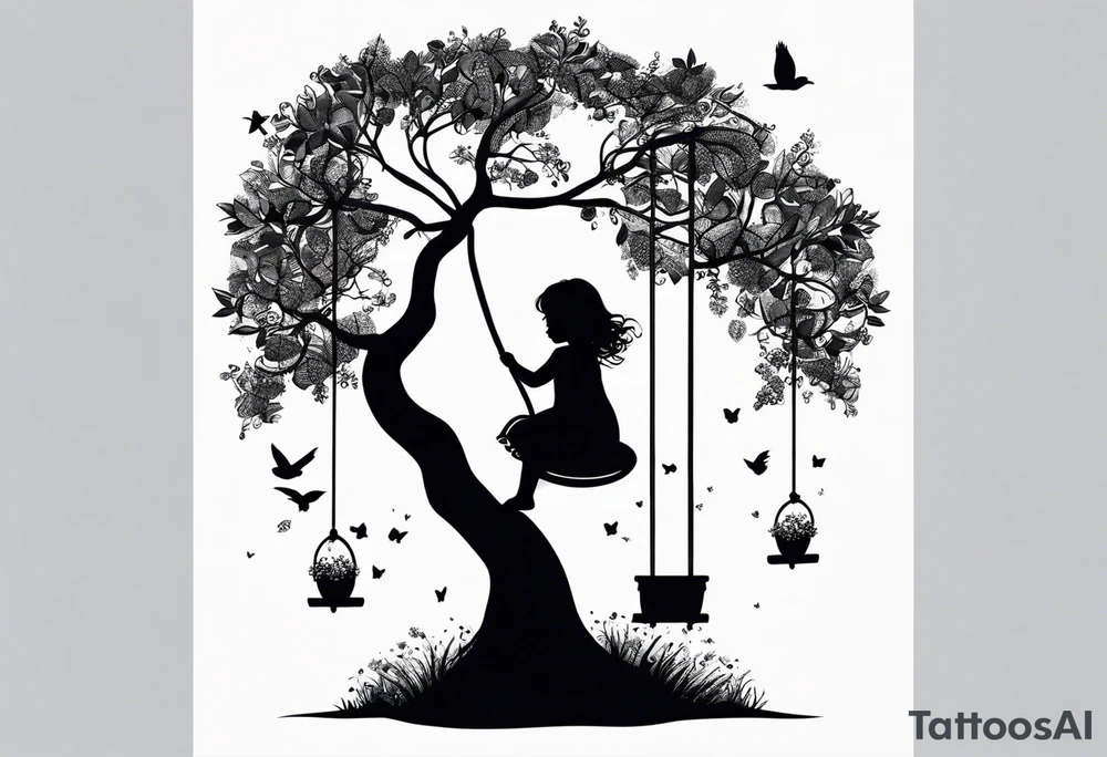 little girl swinging under a tree of life tattoo idea