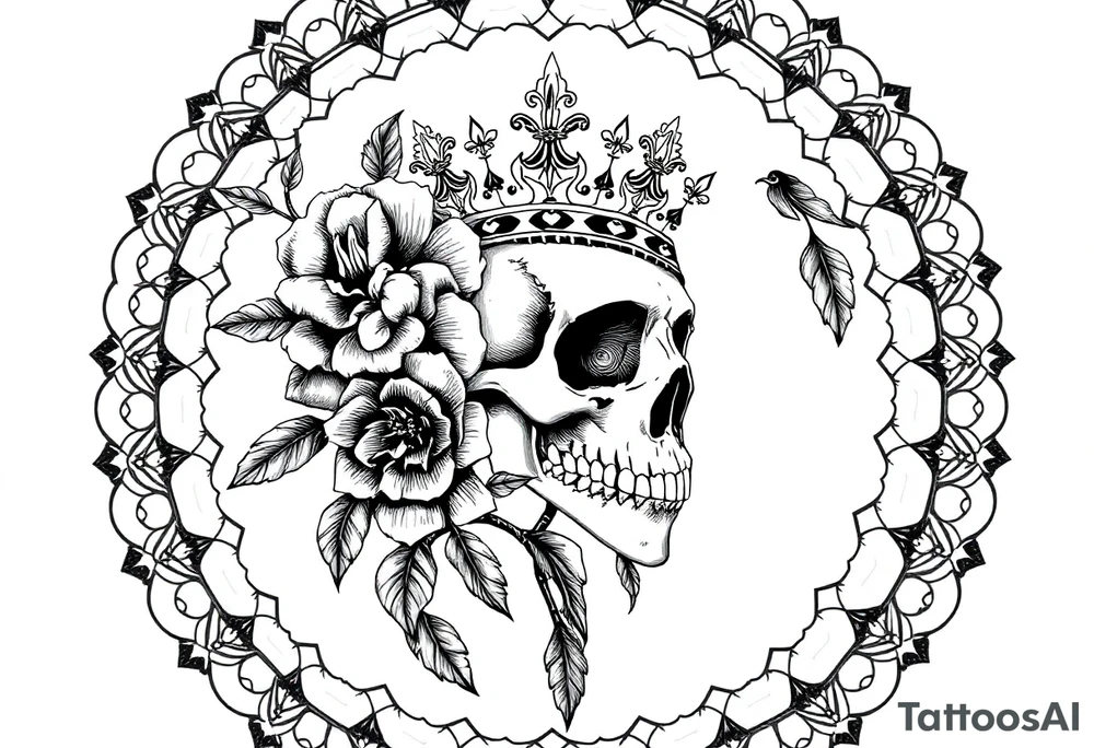 Mandala dream catcher with detailed beautiful gothic boho flowers on vine and skull with gorgeous crown tattoo idea