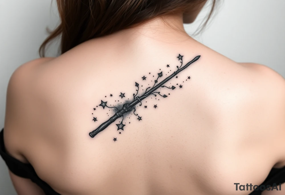 A magic wand (hermione's) with magic dust all around it and a ladybud exiting at the tip wand like a magic spell, and some small detail around it that would do a piggyback on harry poter like a lightning, harry's glasses, the golden snitch etc... tattoo idea