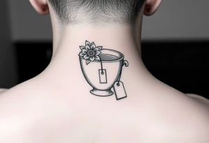 Dainty cup of tea with one handle small floral arrangement and a tea bag tag hanging over the edge of the cup tattoo idea