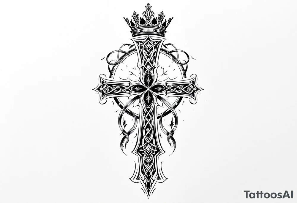 detailed irish celtic cross with a four leaf clover being surrounded by other celtic elements and a crown above the cross tattoo idea