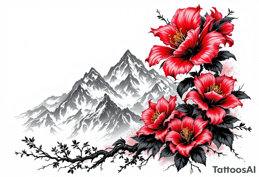 vertical wrist size red  and black rhododendron trippy with Himalayas behind tattoo idea