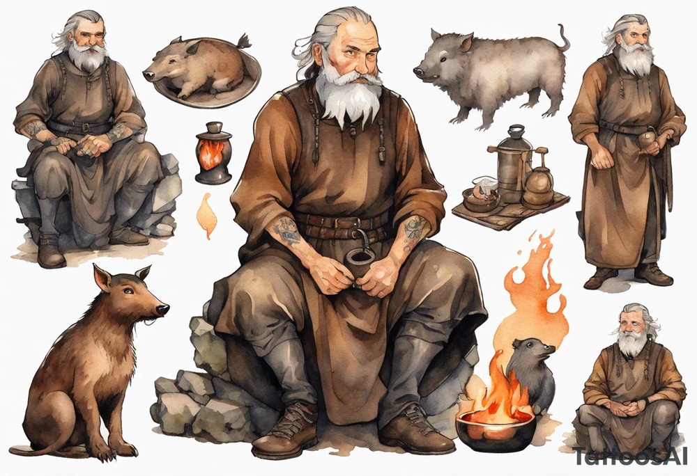 a 55-year-old medieval Bavarian man with a grey beard and broad shoulders wearing a brown and black tunic sitting by a fire with his pet boar tattoo idea