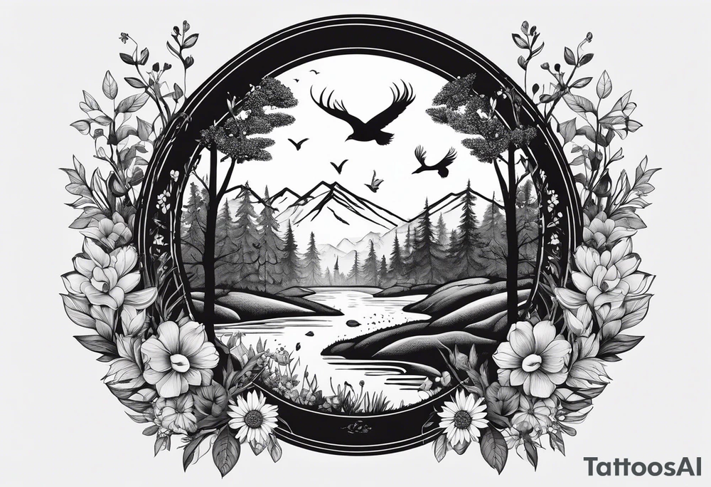 Create a simple yet beautiful forearm tattoo of a forest scene with symmetrical flora and fauna, including stylized birds and wildflowers.” tattoo idea