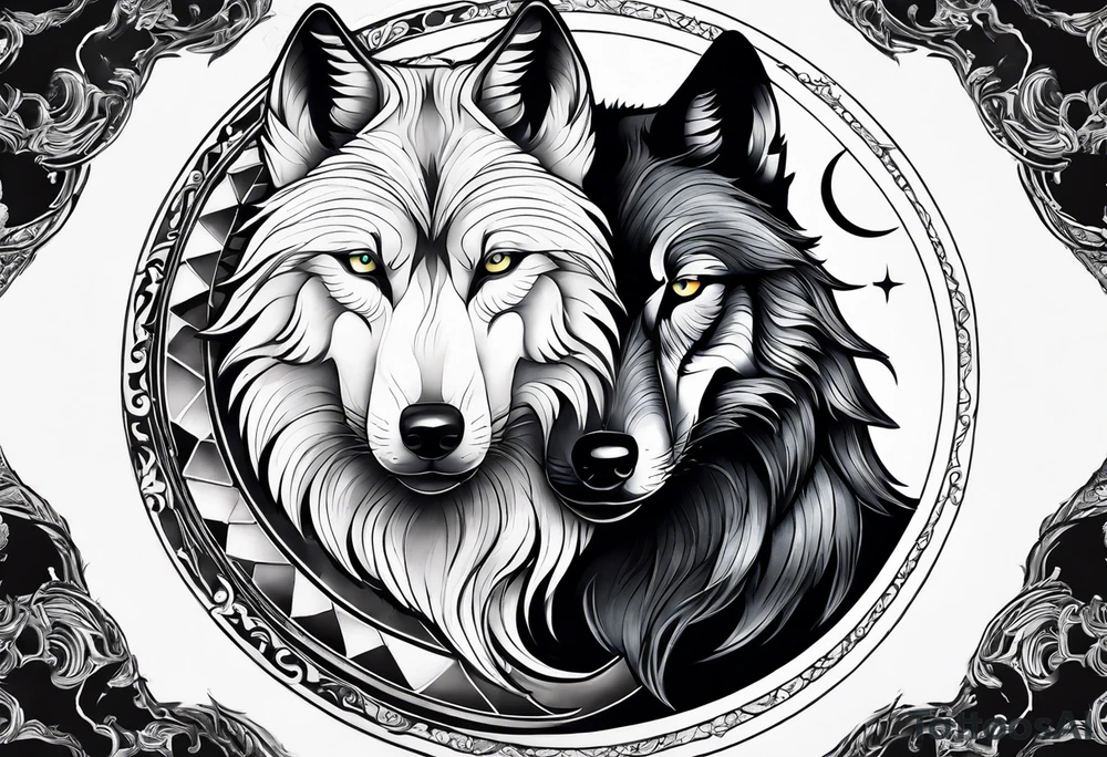 black wolf and white wolf in a ying yang style tattoo idea