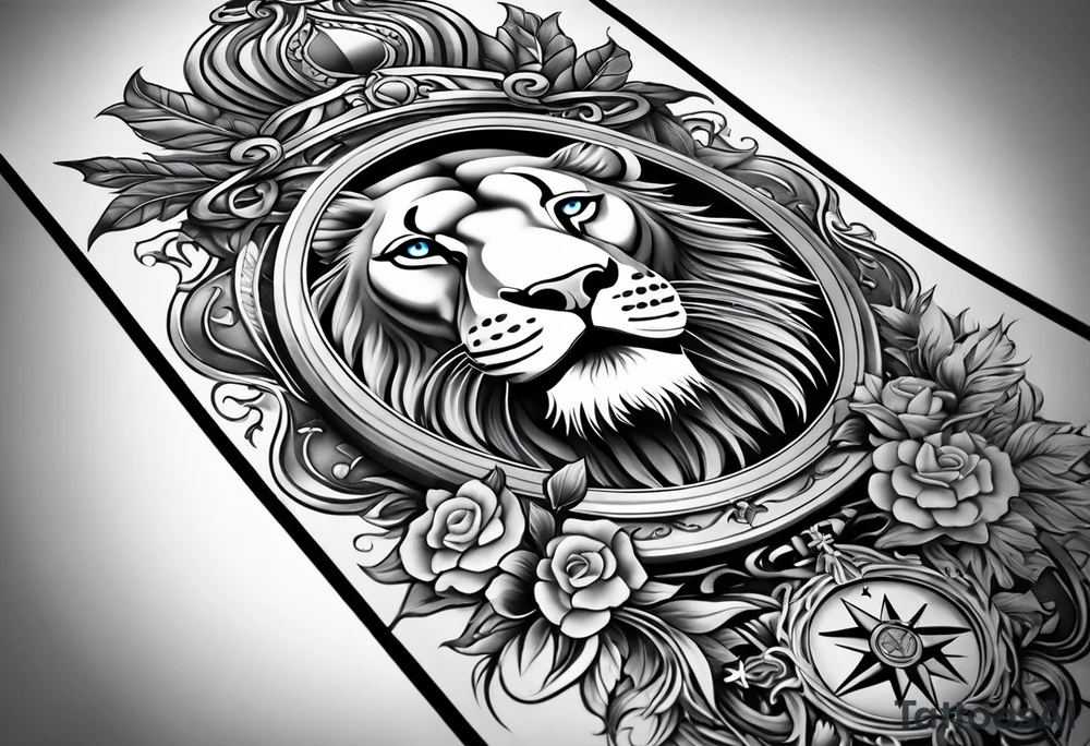 Arm sleeve with ribbon, compass, cross and lion tattoo idea