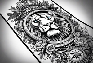 Arm sleeve with ribbon, compass, cross and lion tattoo idea