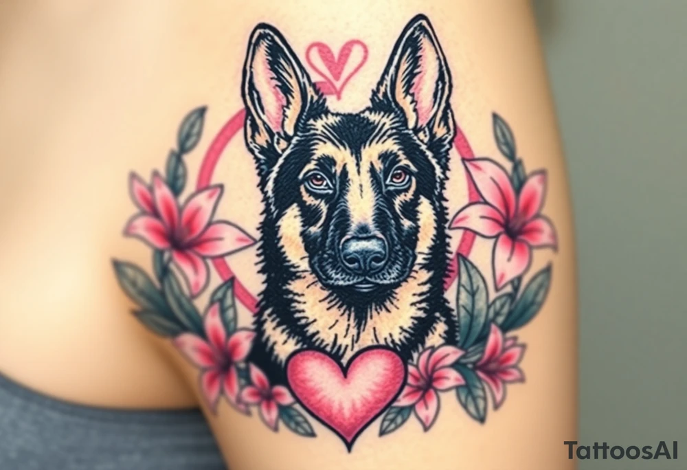 short haired german shepherd with alert ears surrounded by pink lilies with large leaves in front of a sacred heart tattoo idea