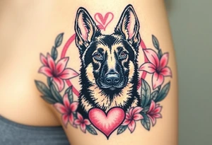 short haired german shepherd with alert ears surrounded by pink lilies with large leaves in front of a sacred heart tattoo idea