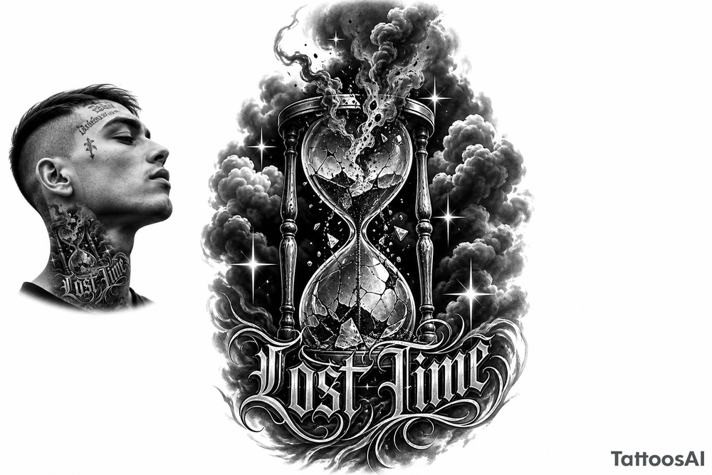 Black and grey realism tattoo design of a cracked, shattered hourglass centered in dark heavy clouds. Sand and dark smoke floating upward out of the glass. Custom gothic script lettering that says "Lost Time" wrapped around the base. Chicano style shading, deep blackwork background, sharp 4-point sparkle stars, high contrast, clean white background, tattoo stencil style. Put on the throat not the back of neck put “Lost Time” like on the side on neck but still connected tattoo idea