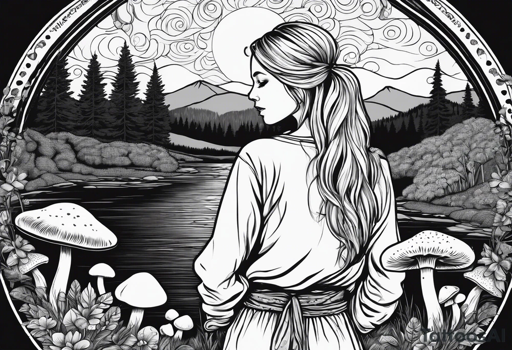Whole picture encircled fully

Straight long blonde hair hippie girl in distance holding mushrooms in hand facing away toward mountains and creek surrounded by mushrooms long sleeve shirt and hiking pants; whole rendering within a full circle, no cut off circle tattoo idea