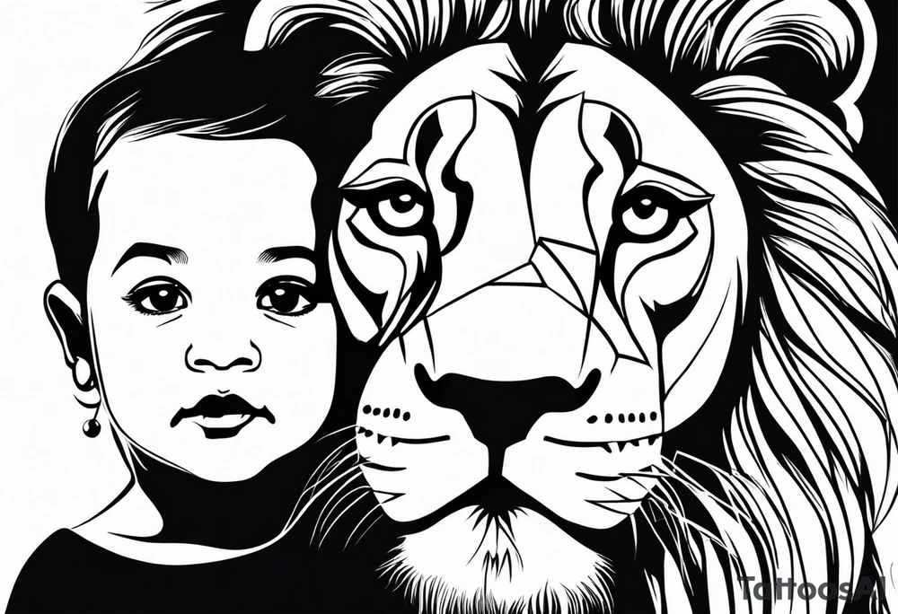 Moitié visage lion avec son bebe lionne tattoo idea