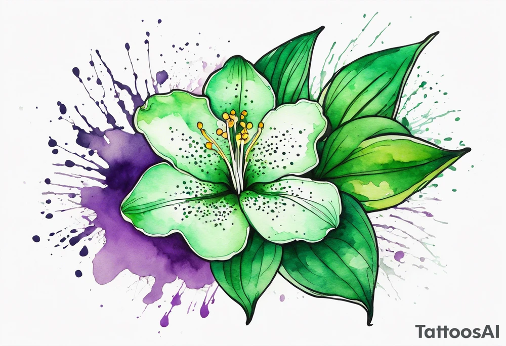 An outline of a green rio dipladenia flower and a green and purple watercolor splash in the background tattoo idea