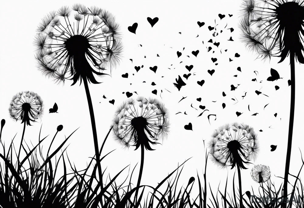 Dandelion with its ligules blowing away, a few legs are tiny hearts, the girls turn into a little bird, flying away to its future tattoo idea