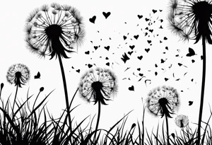 Dandelion with its ligules blowing away, a few legs are tiny hearts, the girls turn into a little bird, flying away to its future tattoo idea