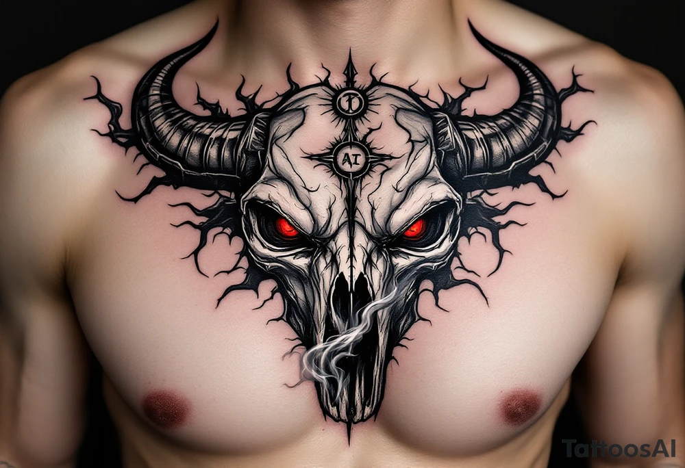 Abstract looking angry taurus skull chest tattoo with red eyes, taurus symbol in between eyes, smoke from the nose tattoo idea