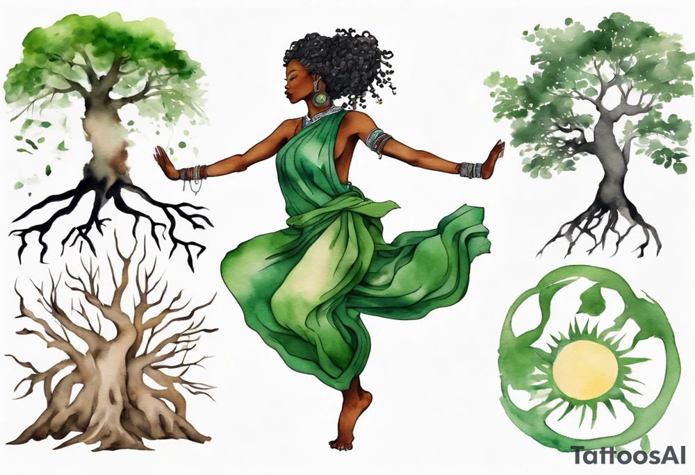 a tree trunk with roots that is a black woman from the waist up, feet made of tree roots, wearing a green tunic, arms reaching up towards the sun tattoo idea