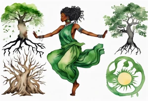 a tree trunk with roots that is a black woman from the waist up, feet made of tree roots, wearing a green tunic, arms reaching up towards the sun tattoo idea