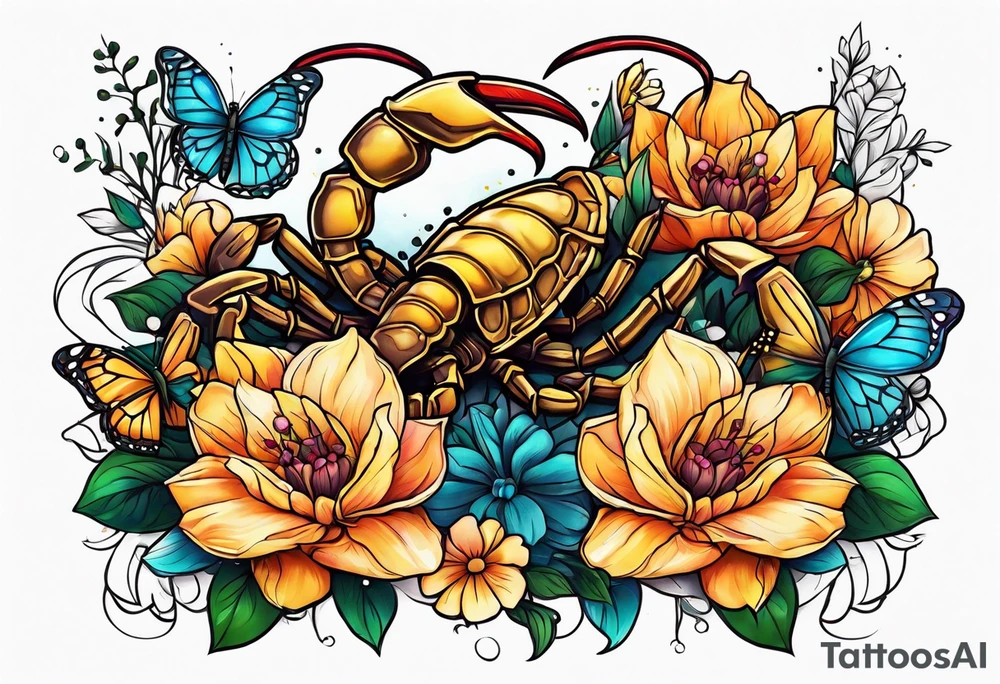 Large scorpion with a skull, flowers, and butterflies tattoo idea