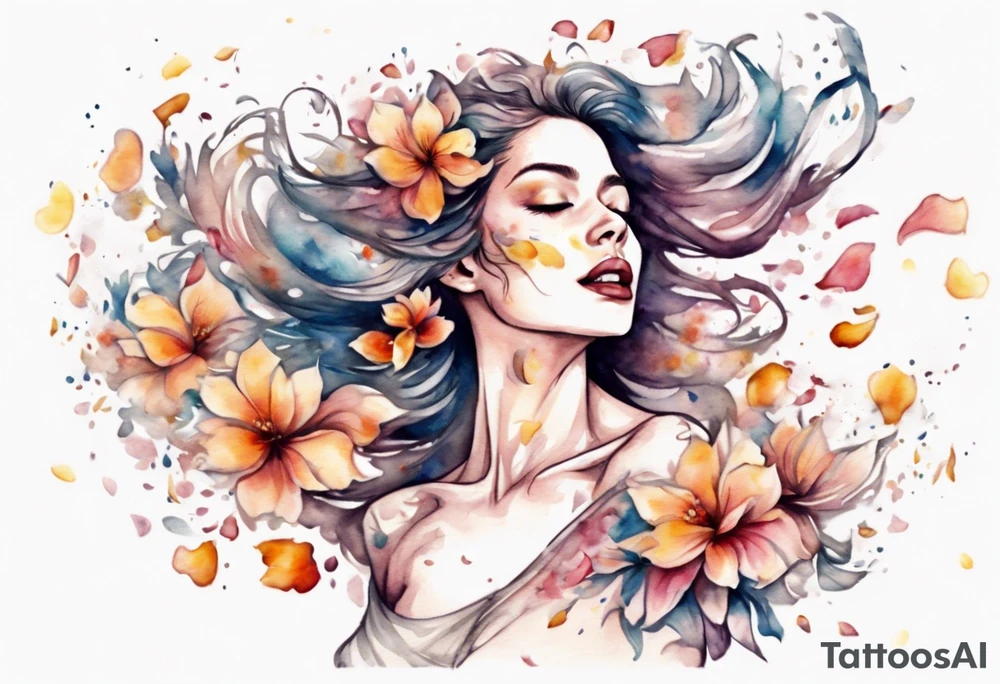One Very feminine woman dancing in a wind of flower petals tattoo idea