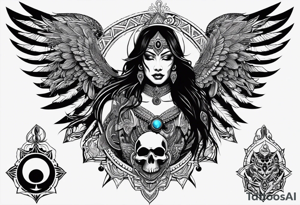 black kali, goddess pirate, alien, pachamama, valkrye, warrior, skull, lotus azul, wing, eagle, zenza resonance, stars, one side chest tattoo idea