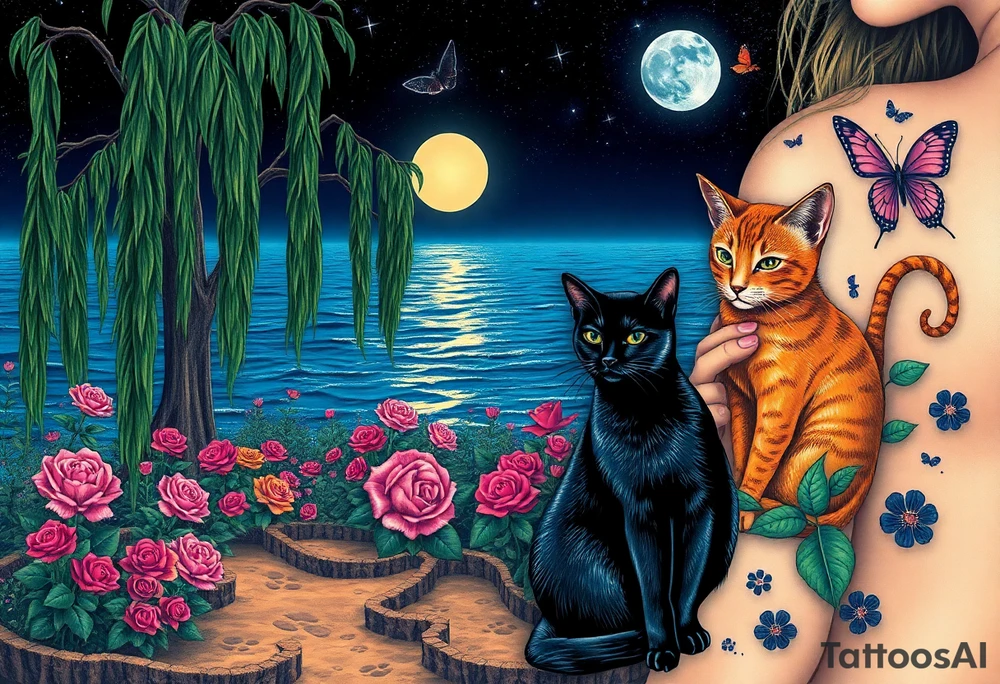 Night time. Ocean.  weeping willow garden with roses and liles flower beds. fantasy creatures, fairies, mermiads, dragons butterflies,  cat paw prints path in dirt. Black cat and orange cat tattoo idea
