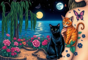 Night time. Ocean.  weeping willow garden with roses and liles flower beds. fantasy creatures, fairies, mermiads, dragons butterflies,  cat paw prints path in dirt. Black cat and orange cat tattoo idea
