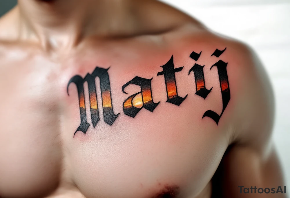 Matěj in bold block letters, with a subtle sunrise gradient fading from orange to yellow. tattoo idea