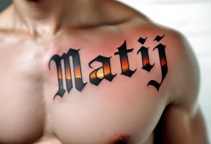 Matěj in bold block letters, with a subtle sunrise gradient fading from orange to yellow. tattoo idea