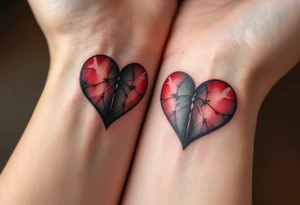 Two half-heart tattoos in black with red tips that form a full heart when partners wrists are side by side tattoo idea