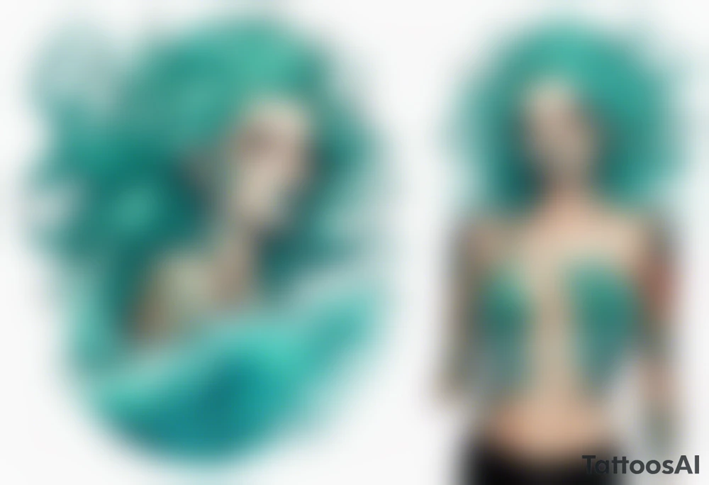 a beautiful female sea demon with turquoise hair standing in the sea surrounded by crashing waves tattoo idea