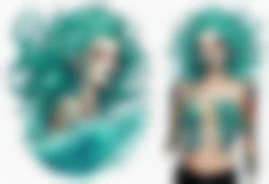 a beautiful female sea demon with turquoise hair standing in the sea surrounded by crashing waves tattoo idea