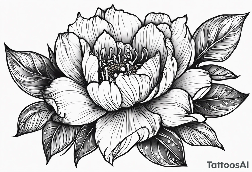 January birth flower, May birth flower, June birth flower x 2, July birth flower, August birth flower, September birth flower, October birth flower, December birth flower with some leaves starting on top frontal thigh ended at ankle / calf tattoo idea
