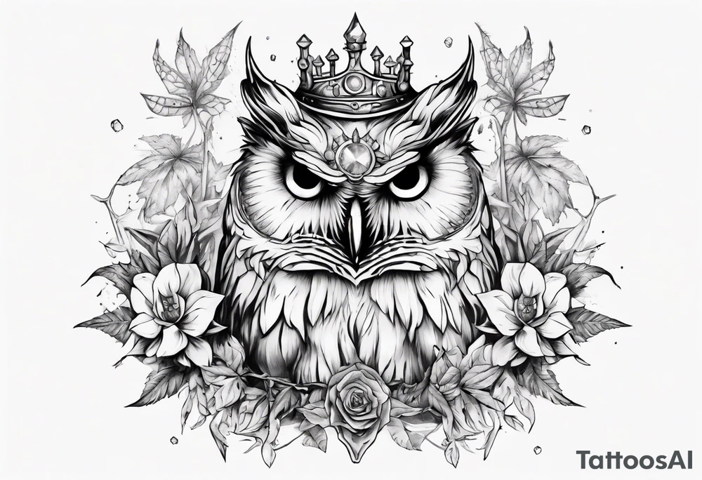 Demon crowned Owl surrounded by poisonous plants, crystals and astrology. tattoo idea