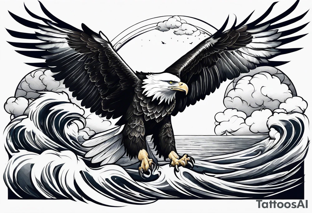 Eagle holding a lion flying over the sea tattoo idea