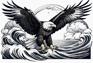 Eagle holding a lion flying over the sea tattoo idea