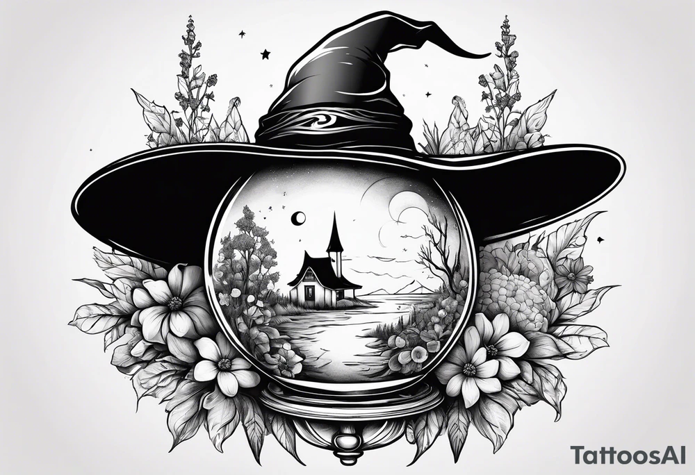 Witch hat balanced on top of a crystal ball sitting on wildflowers tattoo idea