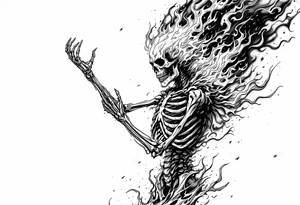 Flaming satan skeleton reaching up both arms to heaven full body tattoo idea