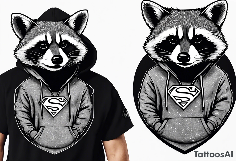 raccoon wearing a Superman hoodie tattoo idea