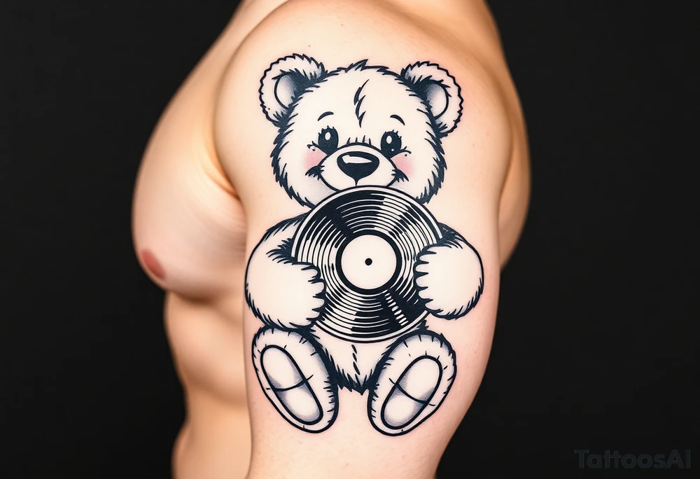 smiling cartoon teddy bear holding a vinyl record tattoo idea