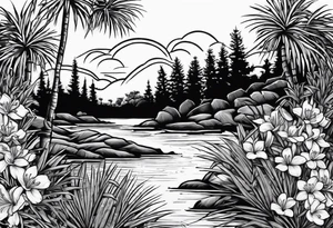 Orange blossoms with palmettoes and cypress trees tattoo idea