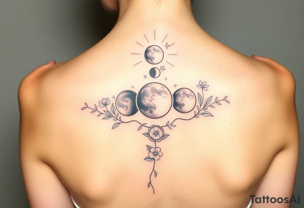 new moon, waxing crescent, first quarter, waxing gibbous, full moon, waning gibbous, third quarter, and waning crescent detailed down the spine with vines and different flowers along the sides of each phase shading and color tattoo idea