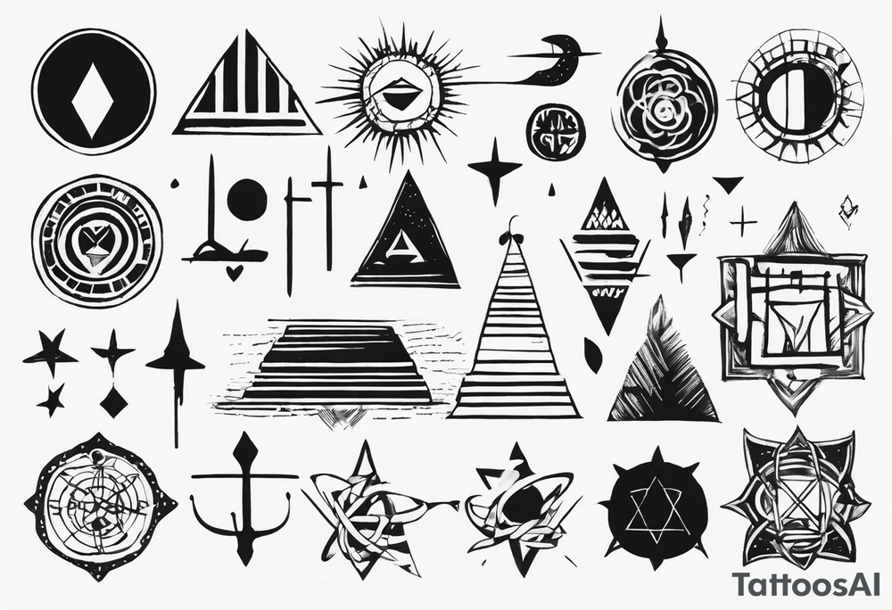 I want a mysterious enigmatic tattoo, with mysterious symbols and phrases, with the meaning of curiosity about conspiracy theories, the future, and the past, something that completes the upper part of the arm that is between the middle of the arm and the shoulder tattoo idea
