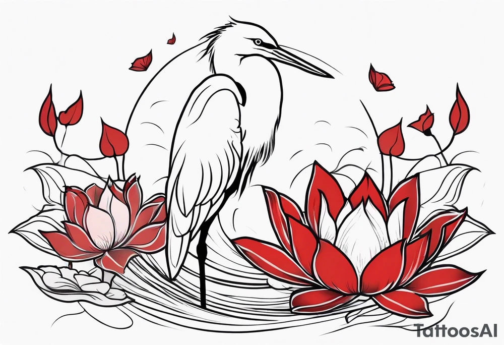 Egret and red lotuses tattoo idea