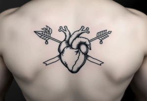 anatomical heart pierced by ornate arrow with flowing ribbons tattoo idea