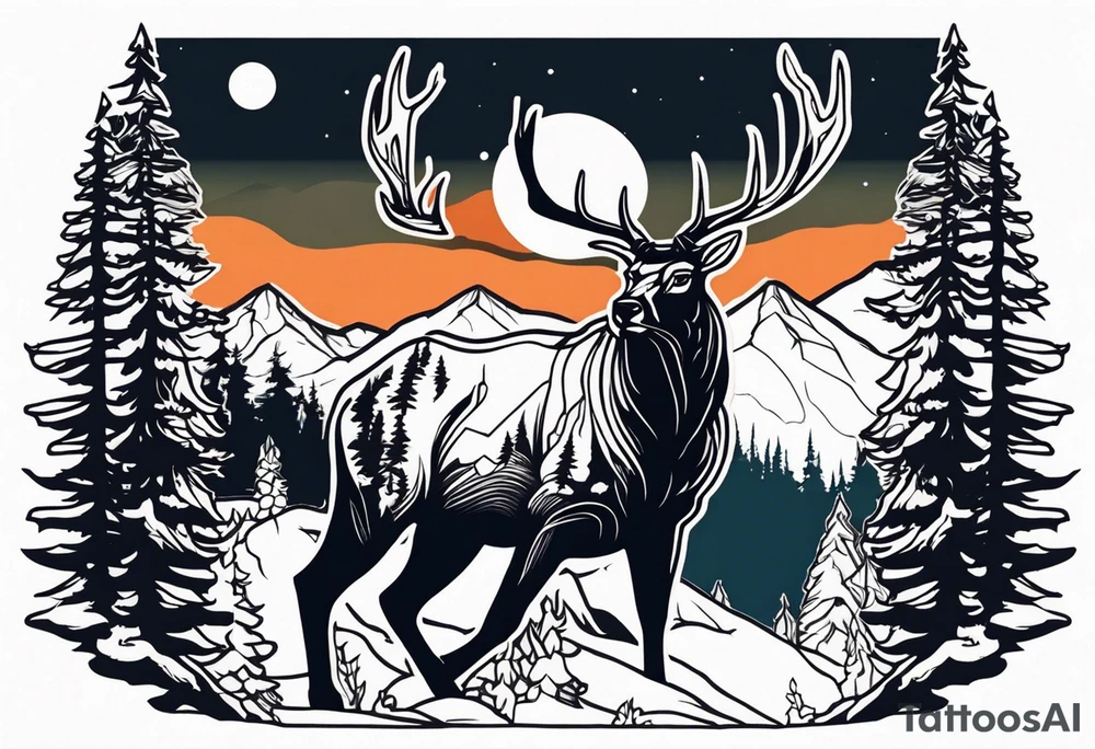 Hunter in the forest with dark mountains in the background under moonlight with elk deer and a cougar tattoo idea