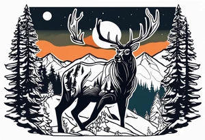 Hunter in the forest with dark mountains in the background under moonlight with elk deer and a cougar tattoo idea