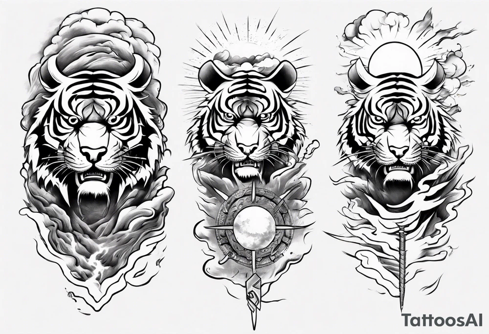 tiger warrior with lightning and the sun for a forearm sleeve tattoo idea
